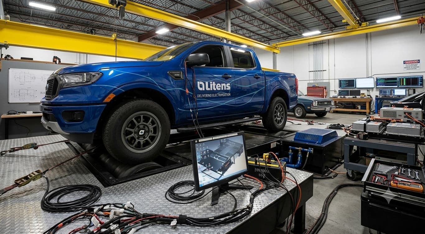 Litens-branded electric pickup truck on a test rig in an engineering lab