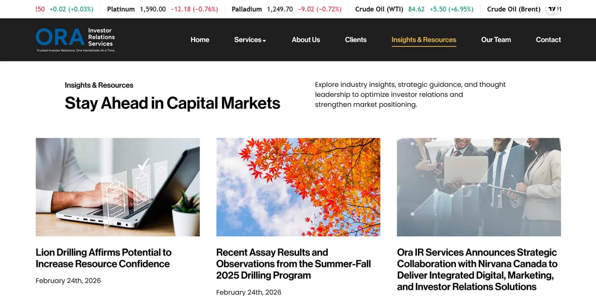 The ORA Insights & Resources page listing recent capital-markets articles
