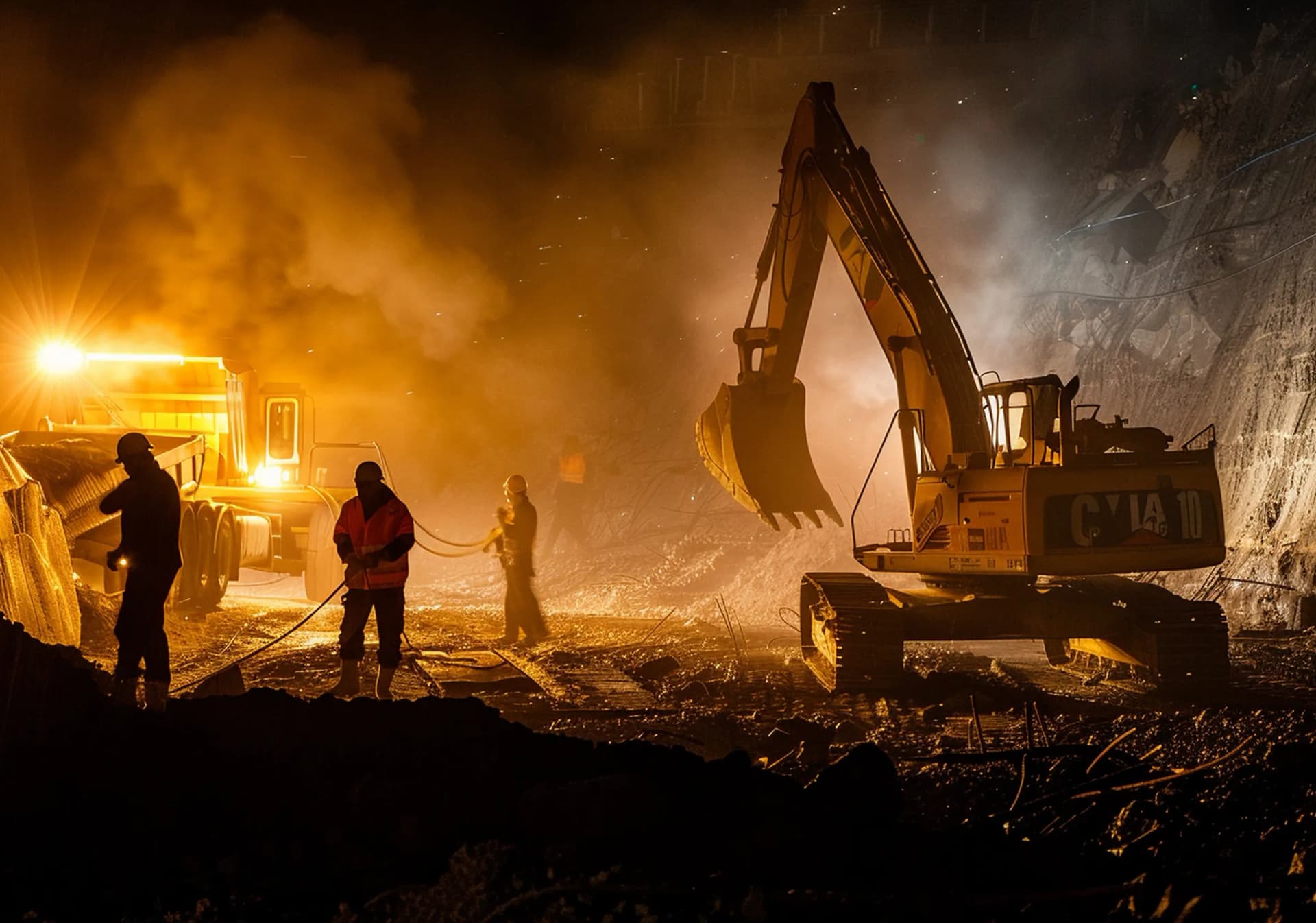 Night shift at an open mine face — an excavator and haul truck working under floodlights