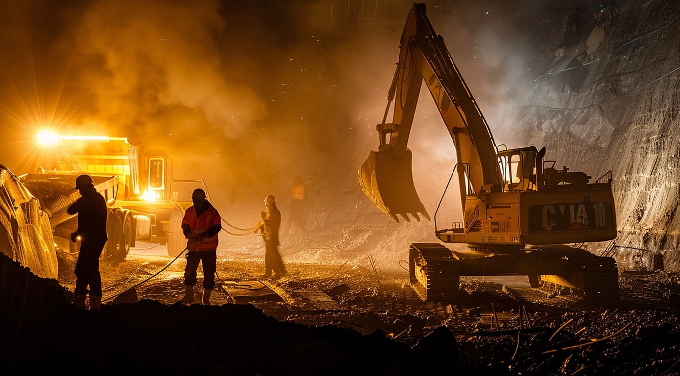Night shift at an open mine face — an excavator and haul truck working under floodlights