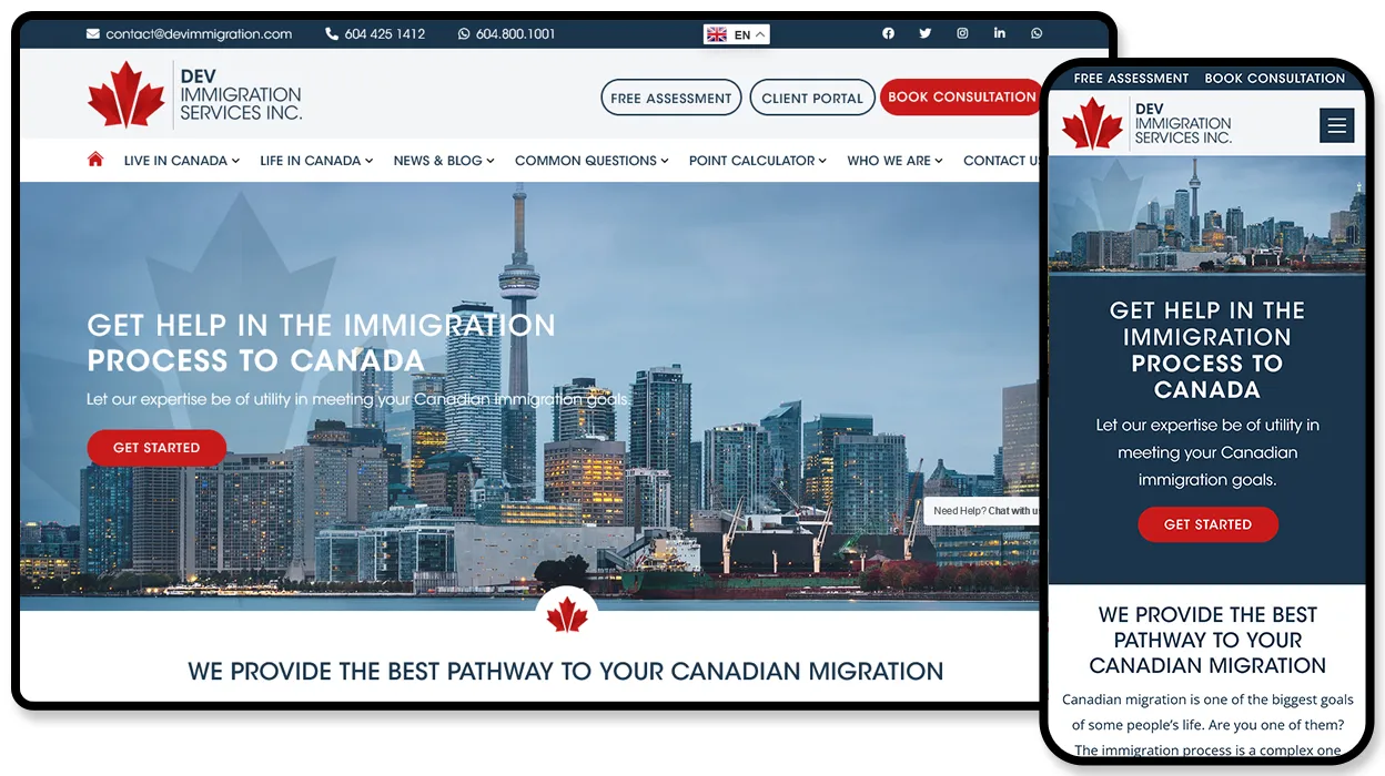 Dev Immigration Services website with a Toronto skyline hero, a free assessment call to action and a Canadian immigration point calculator.