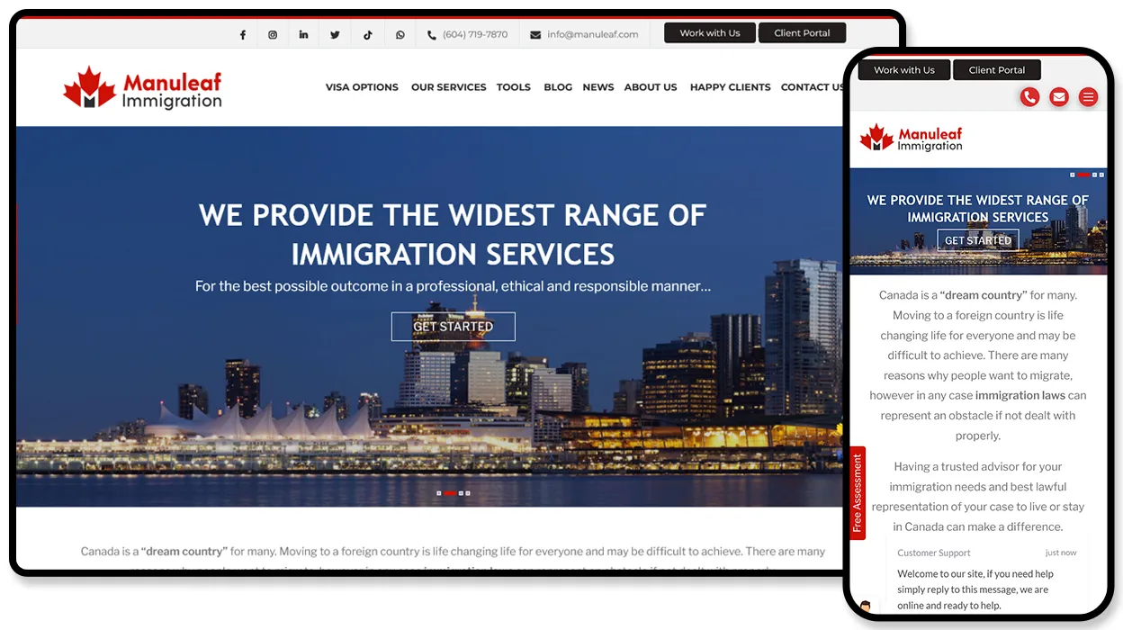 Manuleaf Immigration website with a Vancouver skyline hero and menus for visa options, tools and a client portal.