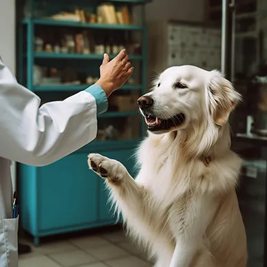 A golden retriever offering its paw to a vet in a white coat inside a clinic exam room.