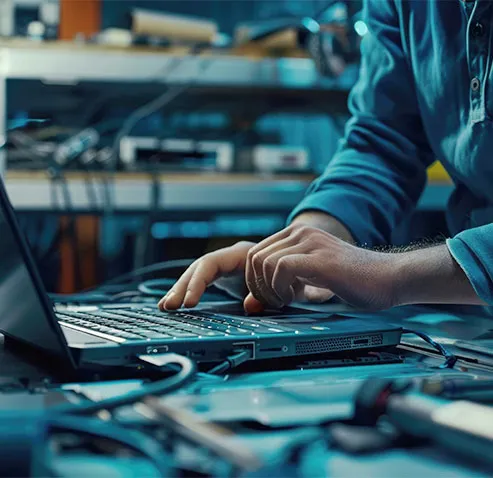 A technician's hands typing on a laptop at a workbench strewn with cables and hand tools.