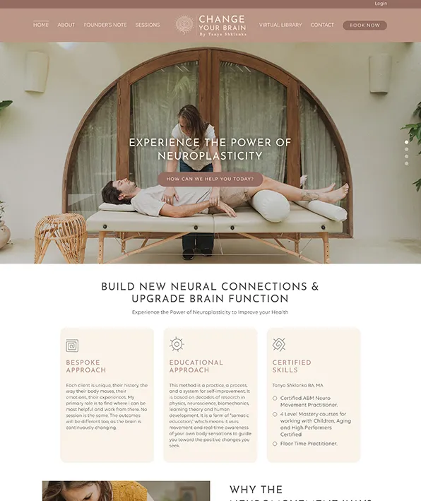Change Your Brain homepage — a woman lying on a therapy table under an arched header reading "Experience the power of neuroplasticity".