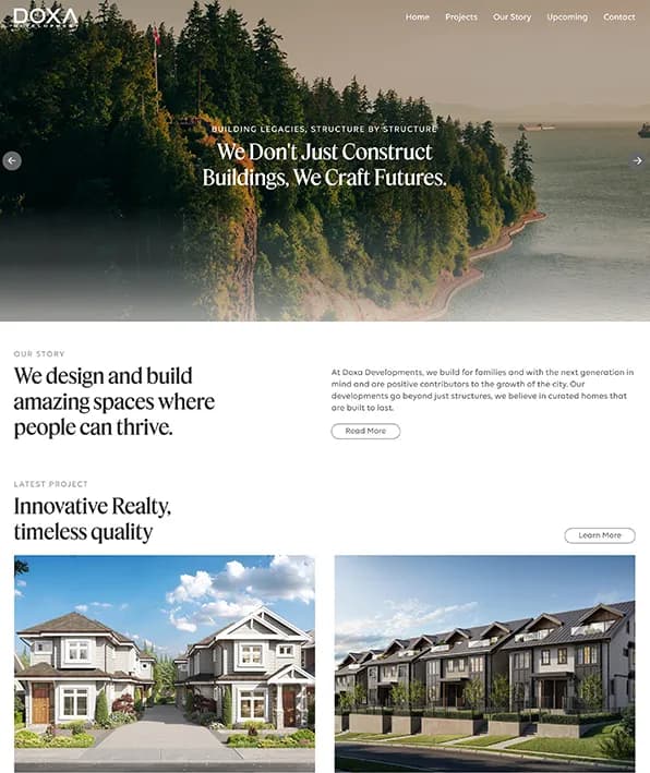 DOXA Development homepage — a forested hillside hero reading "We Don’t Just Construct Buildings, We Craft Futures", above photos of new homes.