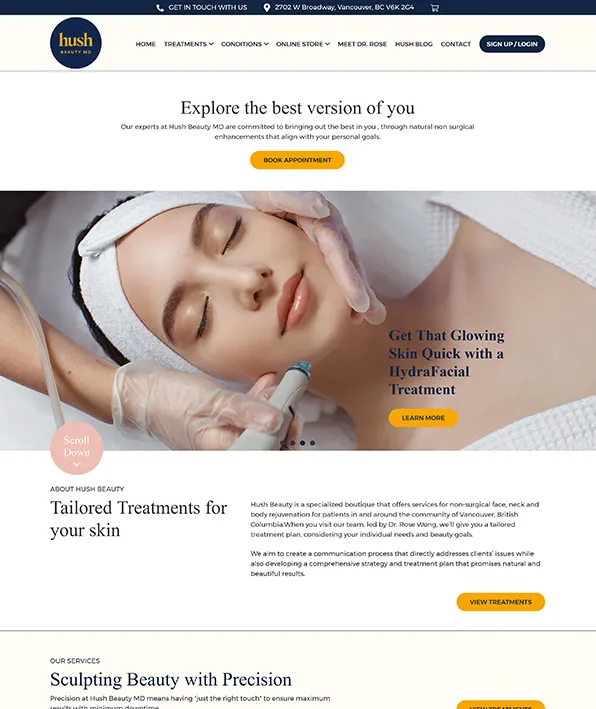 Hush Beauty MD homepage — a client receiving a hydrafacial under the headline "Explore the best version of you".