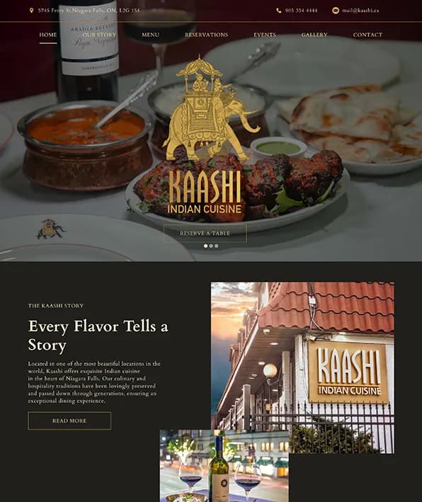 Kaashi Indian Cuisine homepage — plated curries and a wine bottle above a dark "Every Flavor Tells a Story" section.