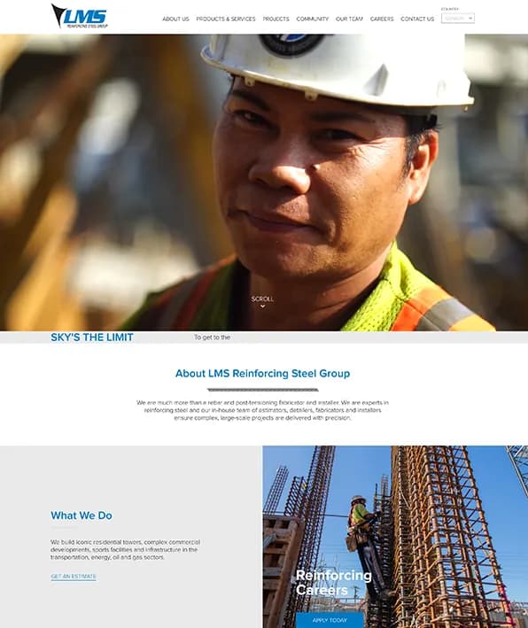 LMS Reinforcing Steel Group homepage — a hard-hatted ironworker on site above the "Sky’s the limit" tagline.