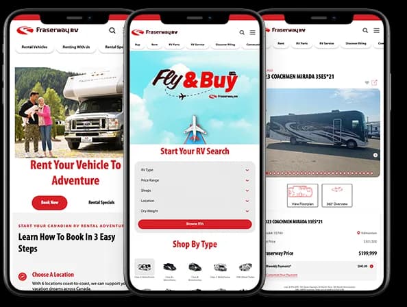 Three phones showing the Fraserway RV site: an RV rental page, a "Fly & Buy" search screen, and an RV listing.