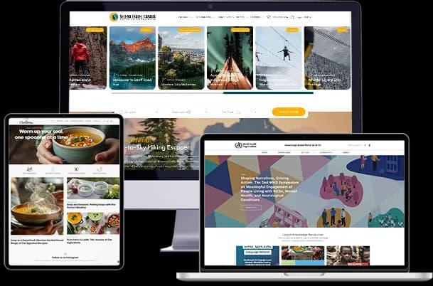 A desktop, tablet and laptop mockup showing three Nirvana-built sites: a travel agency, a recipe site and a knowledge portal.