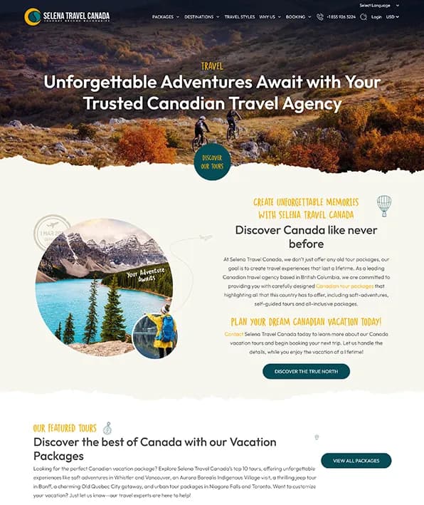 Selena Travel Canada homepage — a mountain lake hero reading "Unforgettable Adventures Await with Your Trusted Canadian Travel Agency".