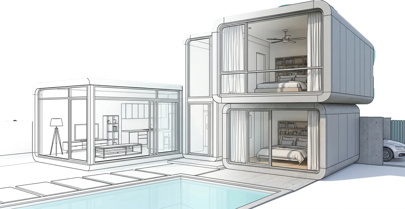 3D wireframe of a house